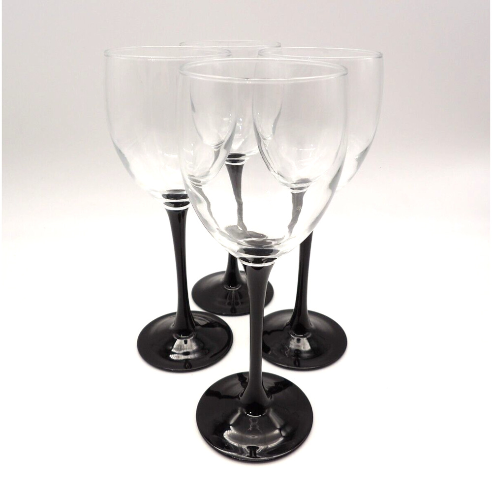 Arcoroc Domingo Black Stem Claret 7 3/4" Red Wine Glasses Set of 4 France